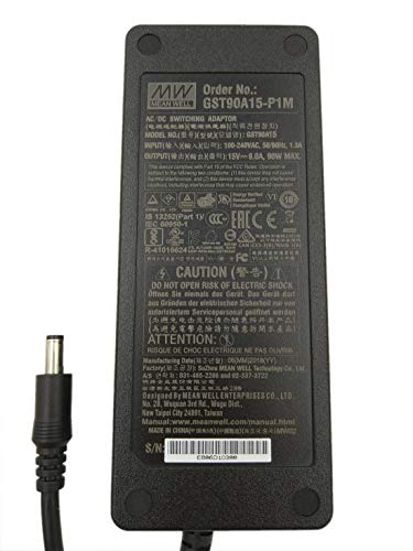 Mean Well GST90A15-P1M Desktop AC Adapter, 90W 15V 6A, DC P1M Barrel Plug, 2.5mm I.D. x 5.5mm O.D. x 11mm Center Positive Female, 3 Pole AC Inlet IEC320-C14, Input: 90~264VAC, Level VI