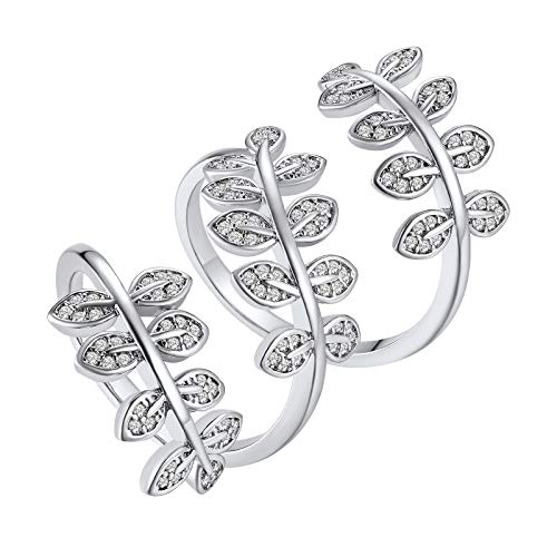 FindChic Platinum Plated Long Leaf Cluster Statement Rings for Women, Oversized Cuff Ring Adjustable Knuckle Ring for Girls Party Jewelry