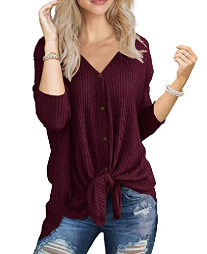 IWOLLENCE Womens Loose Henley Blouse Bat Wing Long Sleeve Button Down T Shirts Tie Front Knot Tops Wine Red Large