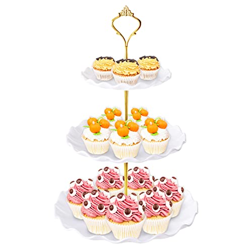3 Tier Cupcake Stand Holder, BACUTHY Plastic Cup Cake Stand Towel with Tiered Serving Tray for Cupcakes, Donuts, Fruits and More, White (White)
