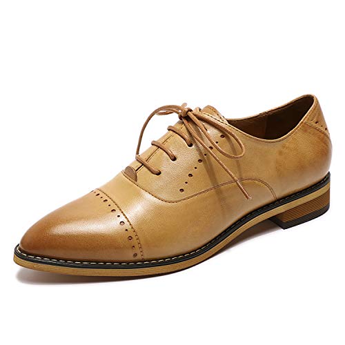 Mona flying Women's Leather Lace-up Oxfords Pointed Toe Brogue Formal Shoes for Ladies Women Brown Size 8