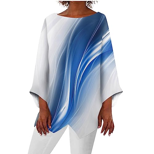 Blouses for Women, Business Tops Women Blouses Fashion 2023 White Tops Dressy Casual Plus Size Women's Retro Print Round Neck Nine Quarter Sleeve Irregular Hem T-Shirt Top Long (M, Blue)