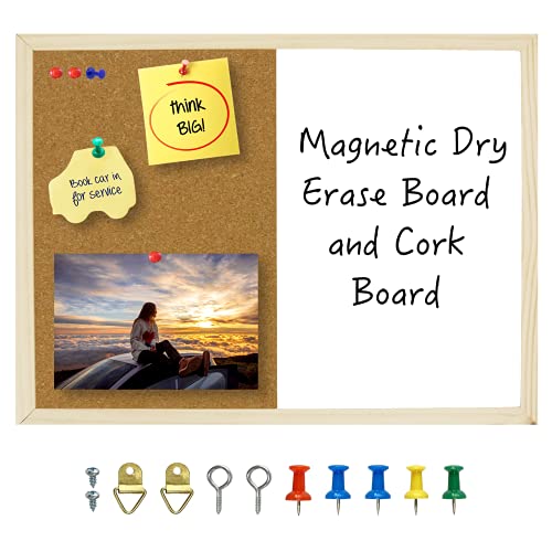 OWLKELA Dry Erase Cork Board 16.5'x12.6', Notice Pin Board, Memo Board, Vision Board, Bulletin Board for Office, Classroom or Home, Mounting Hardware and Push Pins Included, Wooden Frame