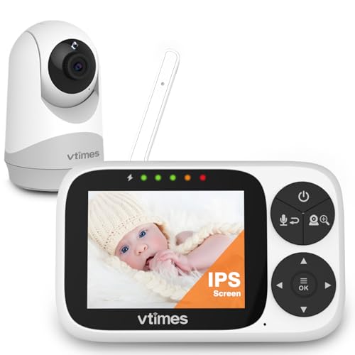 VTimes Video Baby Monitor with Camera and Audio, 3.2' IPS Screen Baby Camera Monitor No WiFi Night Vision VOX Mode Pan-Tilt-Zoom Temperature Display 2 Way Audio Lullaby Feeding Alarm and 1000ft Range