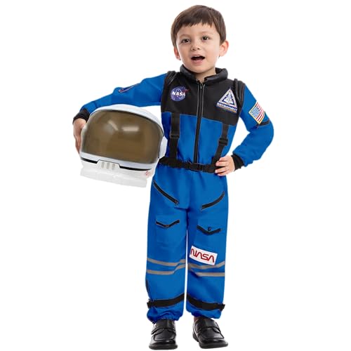 Spooktacular Creations Blue Astronaut Costume with Helmet for Kids, Space Suit, Space Jumpsuit, Halloween Astronaut NASA Pilot Costume for Boys Girls Pretend Role Play Dress Up-S