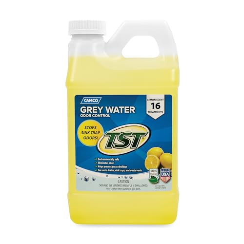 Camco TST Camper / RV Grey Water Odor Control - Removes Grease Buildup in Gray Water Tank, Sink & Shower Drains - 4oz Treats 40-Gal Holding Tank - Safe Septic Tank Treatment - Lemon, 64 oz (40256)