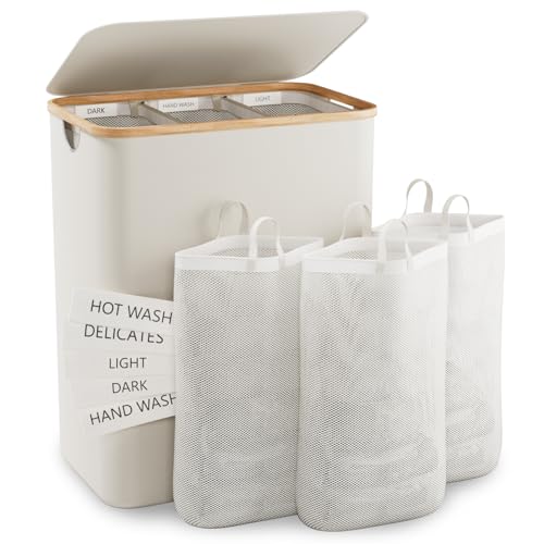 Hampers for Laundry Basket with Lid, 160L Extra Large Laundry Hamper 3 Section Dirty Clothes Hampers for Laundry Divided Laundry Basket Organizer for Bedroom,Laundry Room,Dirty Clothing Hamper,Beige