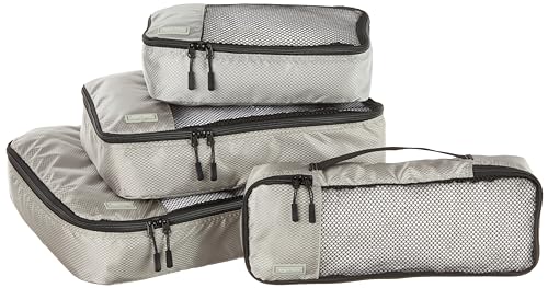 Amazon Basics 4 Piece Packing Cubes for Travel, Travel Organizer Zipper Cubes Set, Small, Medium, Large, and Slim, Gray