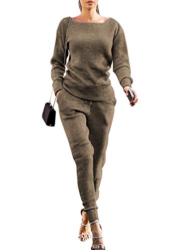 VNVNE Womens Fall Rib-Knit Pullover Sweater Top & Long Pants Set 2 Piece Outfits Tracksuit (Khiki, XXL)
