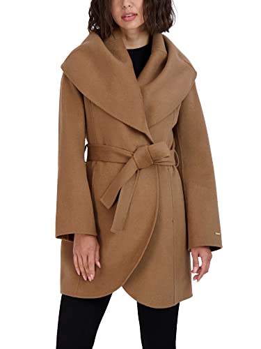 TAHARI Women's Marilyn Lightweight Double Face Wool Wrap Coat with Oversized Collar, Solid Camel, X-Small