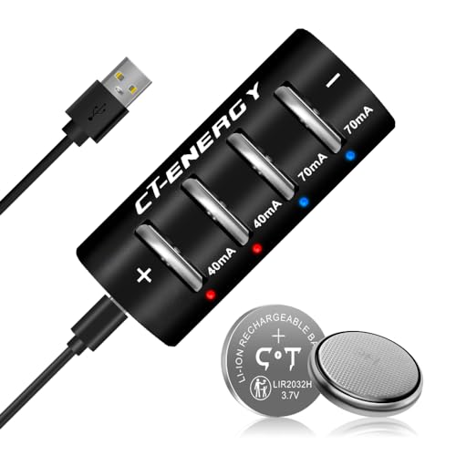 CT-ENERGY Lithium Rechargeable Coin Cells Battery Charger with 4-Pack 3.7V High Capacity 70mAh LIR2032H Rechargeable Button Batteries,Replace CR2032 3V Battery