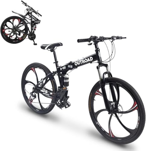 Outroad 26 Inch Folding Mountain Bike, 21 Speed Full Suspension High-Carbon Steel MTB Foldable Bicycle, Dual Disc Brake Non-Slip Folding Bikes for Adults/Men/Women, Black
