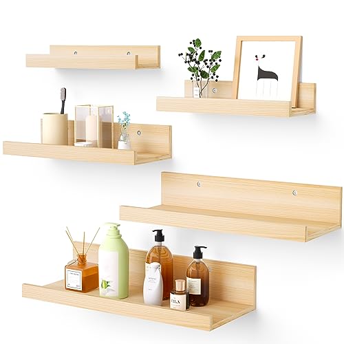 Upsimples Home Floating Shelves for Wall Decor Storage, Wall Shelves Set of 5, Wall Mounted Wood Shelves for Bedroom, Living Room, Bathroom, Kitchen, Small Picture Ledge Shelves, Natural