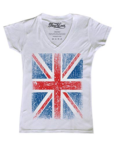 shop4ever Vintage Union Jack British Flag Women's V-Neck T-Shirt United Kingdom Flag Shirts Medium White 0