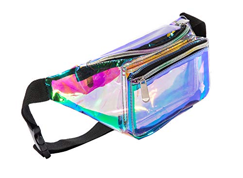 Festival Rave Holographic Neon Blue Transparent Fanny Pack for Women Girls Concert Waist Belt Bum Bags (Neon Blue Transparent)