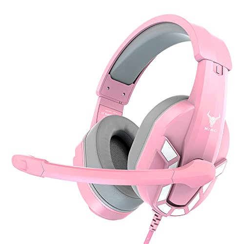 Kikc PS4 Gaming Headset with Mic for Xbox One, PS5, PC, Mobile Phone and Notebook, Controllable Volume Gaming Headphones with Soft Earmuffs, Headphones for Kid - Pink