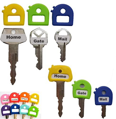 Key Caps Tags - Stretchy All-in-One Key Cover & Tags - ONE Size FITS Most Keys - 8 Pack Multicolor - Includes Blank Labels and Printed Labels - Key Covers, N