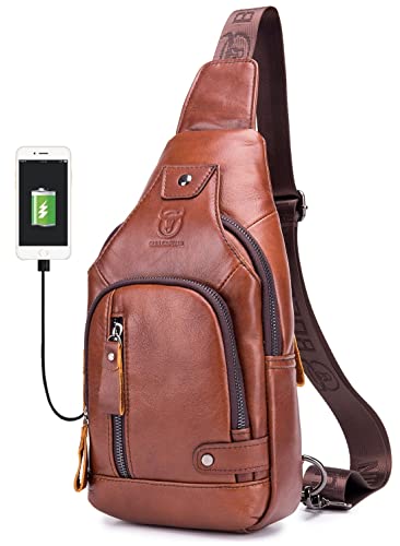 BULLCAPTAIN Leather Men Sling Bags Travel Crossbody Chest Bag Hiking Daypack with USB Charging Port Multi-Pocket