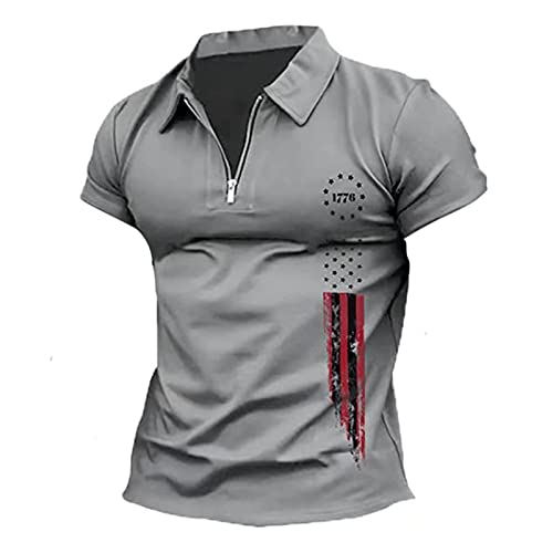 Men's 1776 Independence Day American Flag Prin Short Sleeve Polo Shirt Retro Distressed Patriotic Golf Shirts for Men(Grey,4X-Large)
