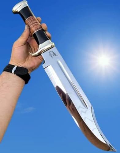 WARIVO KNIFE D2 18 Inches Large Crocodile Dundee Bowie Knife with Leather Sheath Fixed Blade Hunting Knife with Leather and Horn Handle for Outdoor Camping