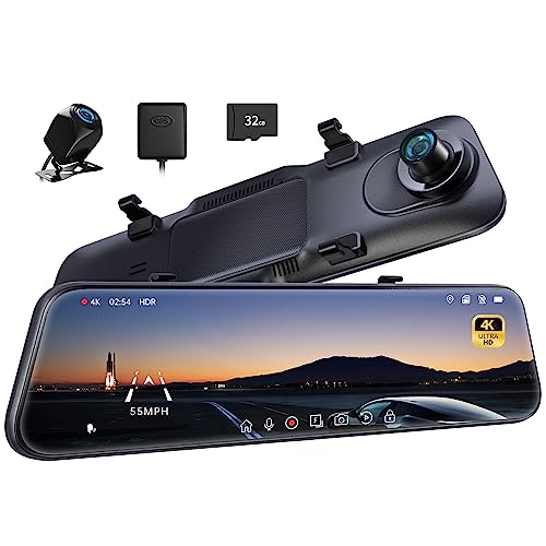 Pelsee P12 Pro 4K Mirror Dash Cam, 12'' Rear View Mirror Camera Smart Driving Assistant w/ADAS and BSD,2160P front and rear camera,Voice Control,Night Vision,Parking Monitoring,32GB Memory Card