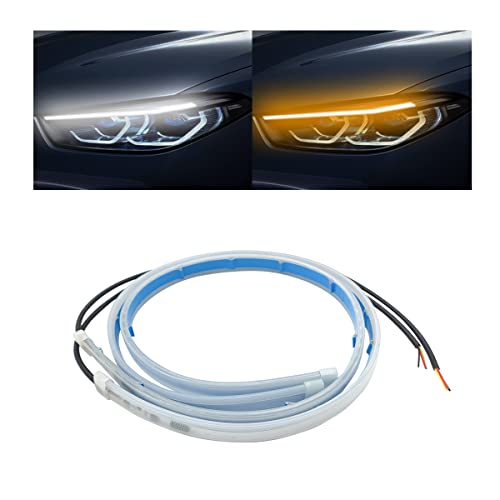 LED Headlight Strip Tube Light, 24 Inch Flexible DRL Daytime Running Light, Waterproof Switchback Sequential Flowing Turn Signal Lamp, Auto Accessories for Most Cars (White/Yellow)
