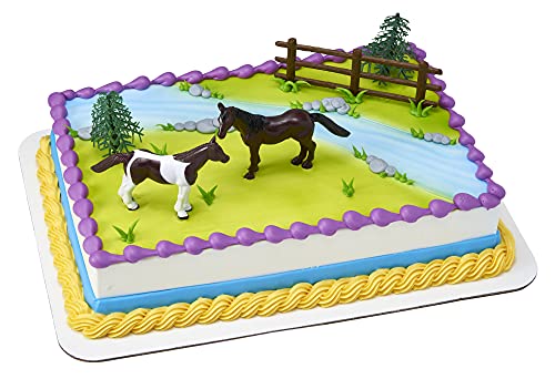 DecoSet Horses Cake Topper, 5-Piece Topper Set Cake Decoration with 2 Horses, Fence, and Trees, Ready to Use For Equine-Themed Birthday, Celebration, Food Safe