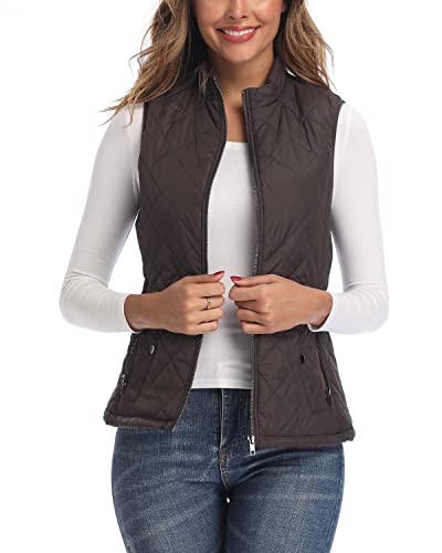 LONGKING Chocolate Women's Vest, Stand Collar Lightweight Zip Quilted Vest for Women M