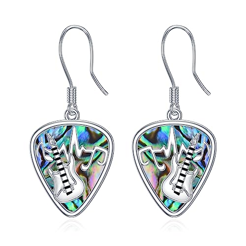 VONALA Guitar Pick Earrings Sterling Silver Guitar Dangle Earrings Abalone Shell Musical Instrument Earrings Punk Rock Band Drop Earrings Music Jewelry for Women Men Teens Girls Music Lover