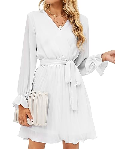 BBX Lephsnt Women’s Summer Casual Wedding Guest Dress Long Puff Sleeve V Neck Pleated Ruffle Flowy Belted Mini Dress White