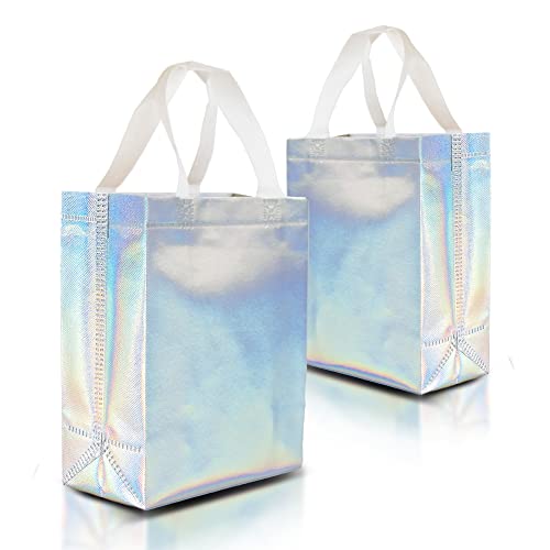 Nush Nush Stunning Iridescent Holographic Gift Bags, Reusable With White Handles, Medium Size, Perfect As Goodie / Birthday Gift Bags, Party Favor Bags, Set of 12, 8Wx4Dx10H Size