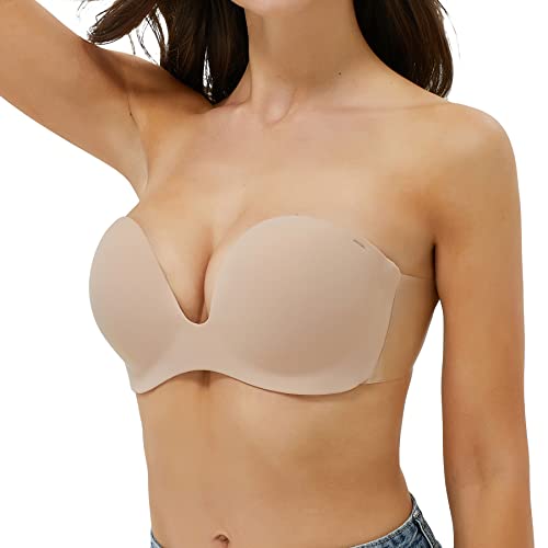 JUST BEHAVIOR Backless Adhesive Bra Backless Strapless Sticky Invisible Push up Silicone Bra for Backless Wedding Dress Beige D Cup