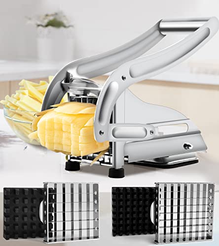 French Fry Cutter with 2 Blades, Professional Potato Cutter Stainless Steel, Potato Slicer French Fries, Press French Fries Cutter for Potato