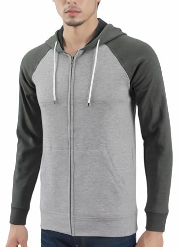 HETHCODE Mens Casual Lightweight Vintage Zip Up Pocket Active Sports Hoodie Sweatshirt Jacket Heather Gray/S.Green L