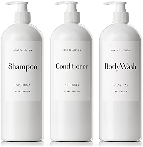 MOIIKKO 32oz Refillable Shampoo and Conditioner Dispenser Bottles - Set of 3 Empty Shampoo Conditioner Body Wash Dispenser with 8 Waterproof Labels