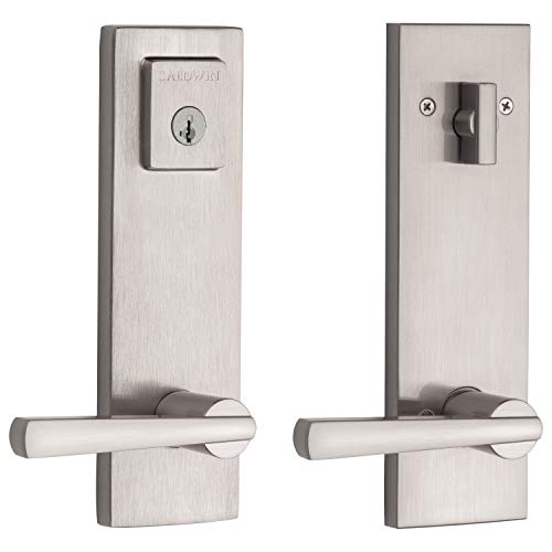 Baldwin Spyglass Single Cylinder Front Door Handleset Featuring SmartKey Security in Satin Nickel, Prestige Series with a Modern Contemporary Slim Door Handleset and Square Lever