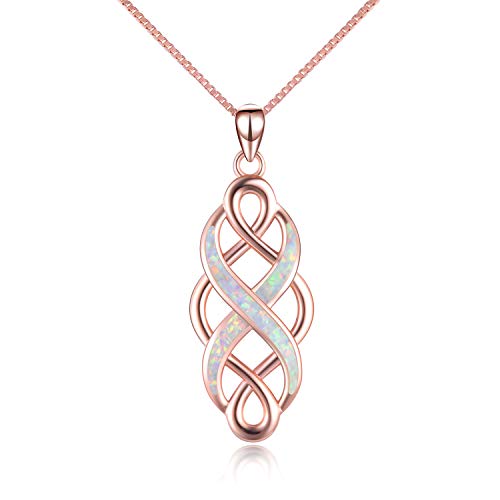 YFN Irish Celtic Knot Created Opal Pendant Necklace Infinity Love Sterling Silver CZ Jewelry 18' (Rose Gold Celtic Necklace)
