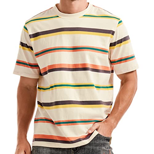 KLIEGOU Men's Fashion Loose Fit Crewneck Stripe T-Shirt 63HY Beige S