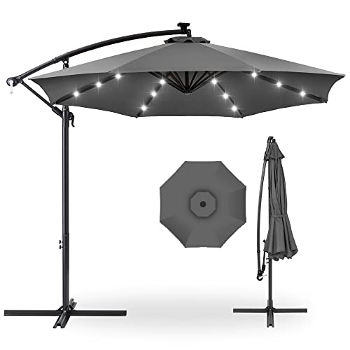 Best Choice Products 10ft Solar LED Offset Hanging Market Patio Umbrella for Backyard, Poolside, Lawn and Garden w/Easy Tilt Adjustment, Polyester Shade, 8 Ribs - Gray