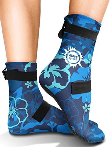 BPS Soft Skin Neoprene Water Socks (High Cut, Floral Blue with White Logo, XS)