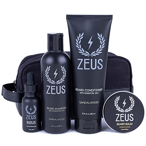 ZEUS Everyday Beard Kit with Travel Toiletry Dopp Bag – Beard Wash Shampoo & Conditioner, Natural Beard Oil, Beard Balm & Travel Toiletry Bag (Sandalwood)