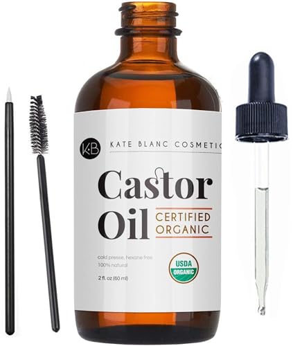 Kate Blanc Cosmetics Castor Oil (2oz), USDA Certified Organic, 100% Pure, Cold Pressed, Hexane Free. Stimulate Growth for Eyelashes, Eyebrows, Hair. Skin Moisturizer & Hair Treatment Starter Kit