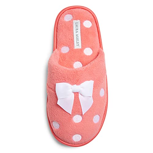 Laura Ashley Women's Embroidered Polka Dot Micro Terry Scuff Slippers with Bow Details | Soft and Warm House Slippers with Cushioned Insole for Ladies, Watermelon, Large 8-9 US