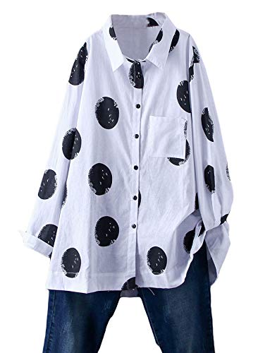 Minibee Women's Button Down Tunic Tops Polka Blouse Cotton Shirts White M