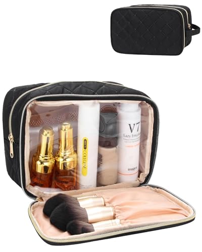 MONSTINA Travel Makeup Bag,Double Layer Toiletry Organizer Women Makeup Brush Bag Cosmetic Case Portable Large Wide-open Pouch Brush Holder Purse Bag (Black-Upgrade)