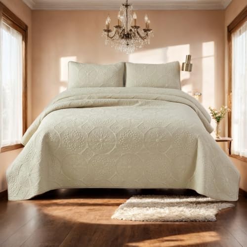 Brandream Luxury Quilt Bedding Set Queen Size Premium Cotton Beige 3 Piece Medallion Matelasse Coverlet Set Lightweight