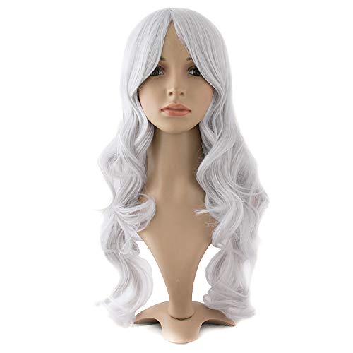 MapofBeauty 24 Inch/60 cm Charming Synthetic Fiber Long Wavy Women Party Wig (Silver Grey)