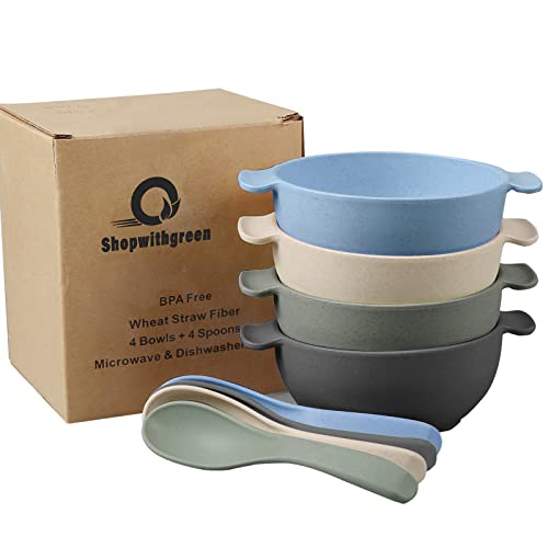 shopwithgreen Unbreakable Kids Bowls -Microwave Dishwasher Safe- Wheat Straw Snack Bowl Sets for Kids and Toddler-4 Bowls and 4 Spoons, Lightweight and Durable (Small)
