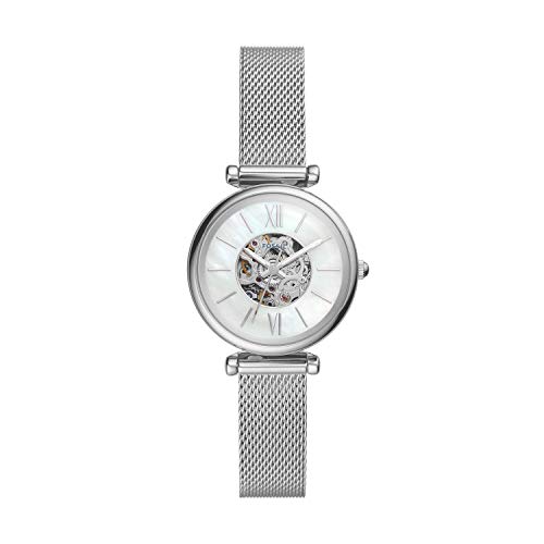 Fossil Women's Carlie Mini Automatic Stainless Steel Mesh Three-Hand Watch, Color: Silver (Model: ME3189)