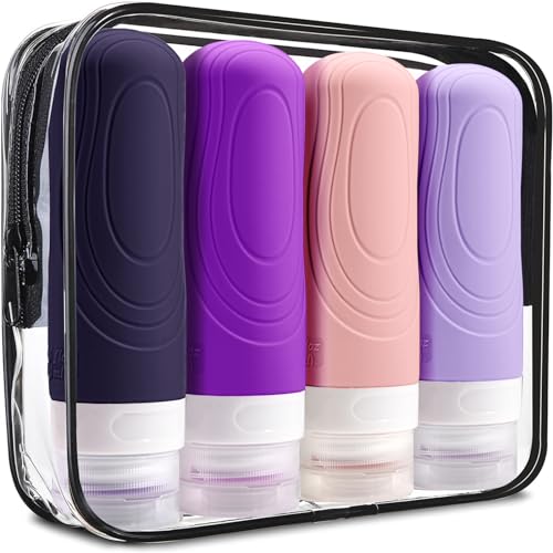 GLAMFIELDS Travel Bottles for Toiletries TSA Approved, 3oz Size Leak Proof Silicone Travel Containers for Shampoo, Lotion,Easy to Squeeze Portable, Essentials for Traveling (4 Pack) Purple